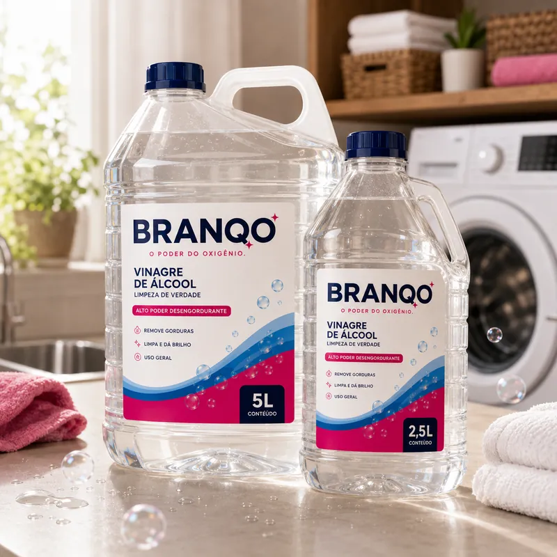 Galões de vinagre de álcool de 5 L e 2,5 L sobre a bancada, com toalhas dobradas e a máquina de lavar ao fundo.